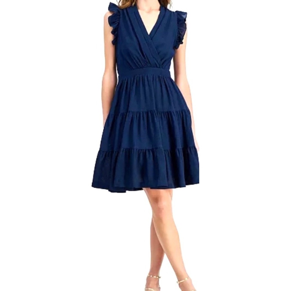 Taylor Tiered Ruffle Fit & Flare Dress Navy Blue Preppy Cottagecore Boho Chic